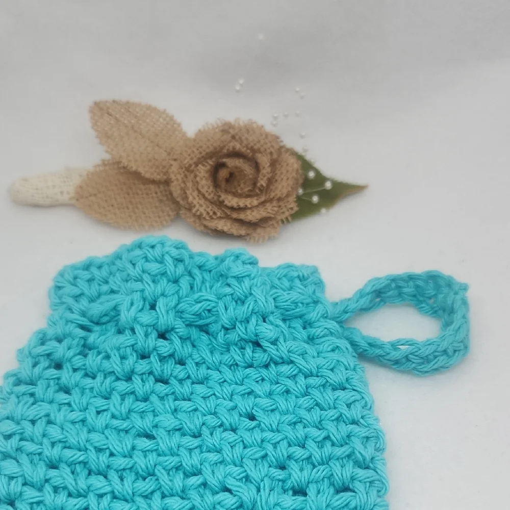 Handmade Turquoise Crochet Pouch Soap Sack Bag , Eco-Friendly 100% Cotton